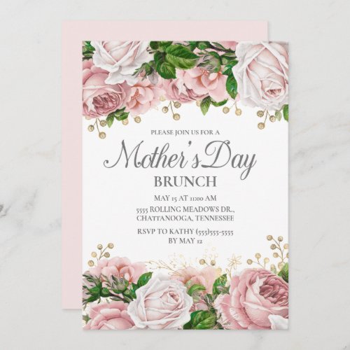 Blush Pink Gold Floral Mothers Day Brunch Invitation