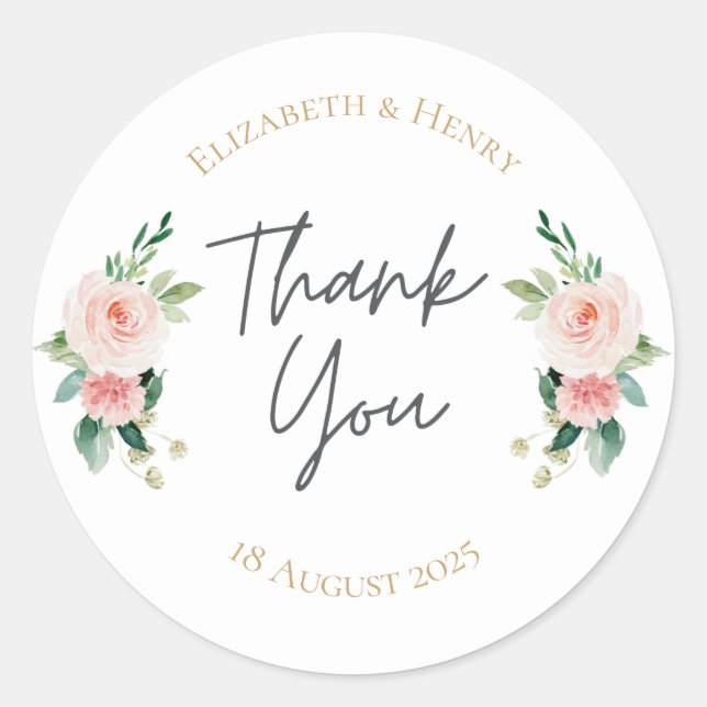Blush pink gold floral peony thank you wedding  classic round sticker (Front)