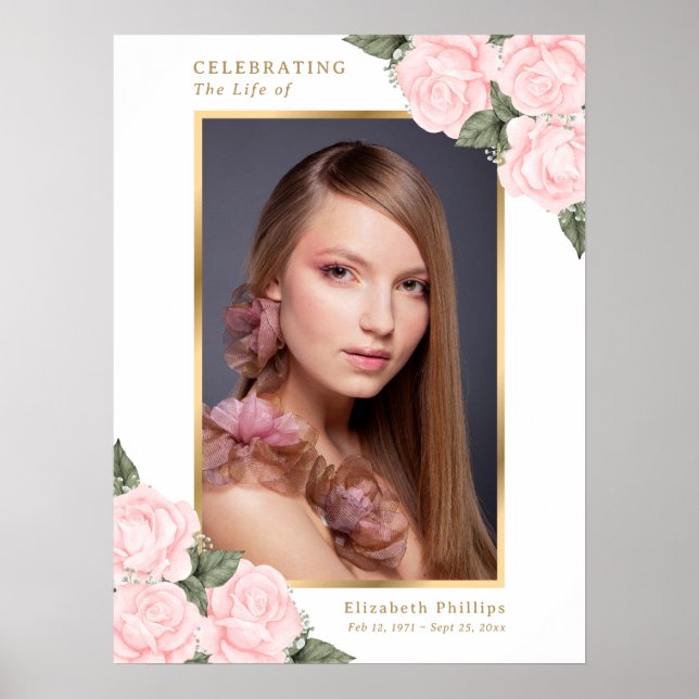 Blush Pink Gold Floral Photo Memorial Funeral Sign (Front)