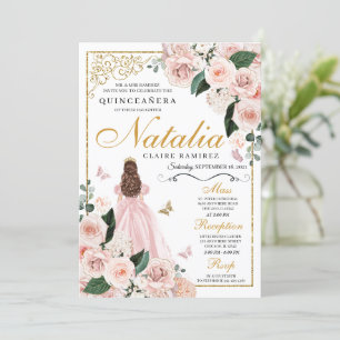 Blush Pink Gold Floral Princess Quinceanera Invitation