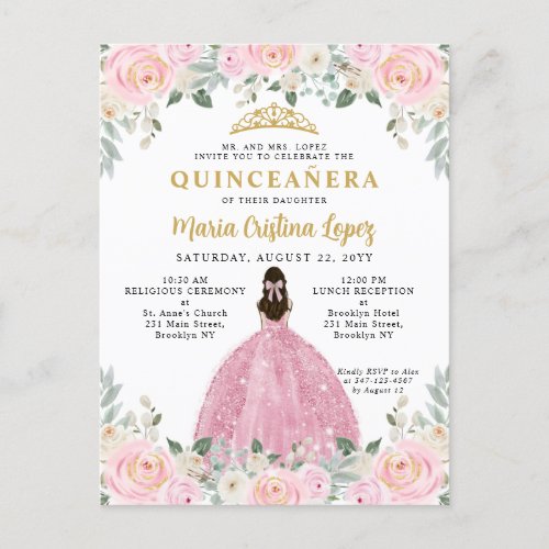Blush Pink Gold Floral Princess Quinceaera Postcard