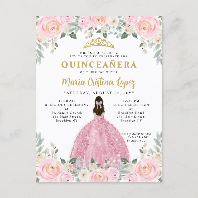Blush Pink Gold Floral Princess Quinceañera Postcard (Front)