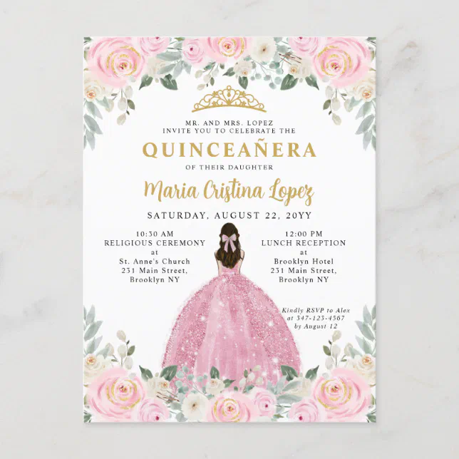 Blush Pink Gold Floral Princess Quinceañera Postcard | Zazzle