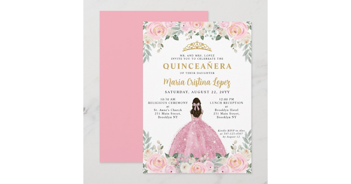 Blush Pink Gold Floral Princess Tiara Quinceañera Invitation | Zazzle