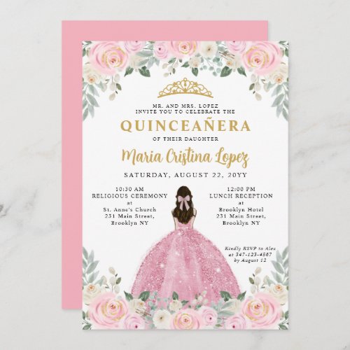 Blush Pink Gold Floral Princess Tiara Quinceaera Invitation
