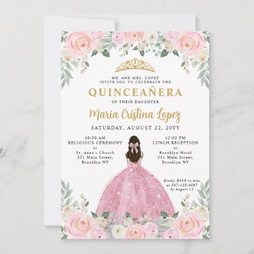 Blush Pink Gold Floral Princess Tiara Quinceañera Invitation | Zazzle