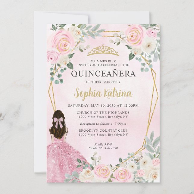 Blush Pink Gold Floral Princess Tiara Quinceañera Invitation (Front)