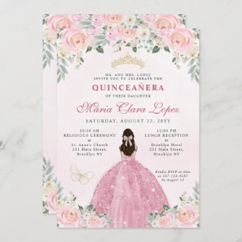 Blush Pink Gold Floral Princess Tiara Quinceañera Invitation | Zazzle