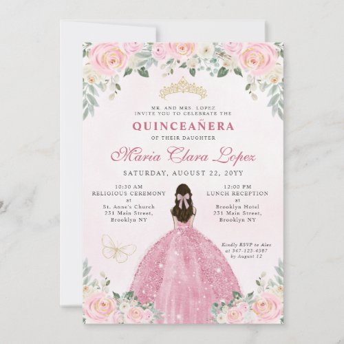 Blush Pink Gold Floral Princess Tiara Quinceaera Invitation
