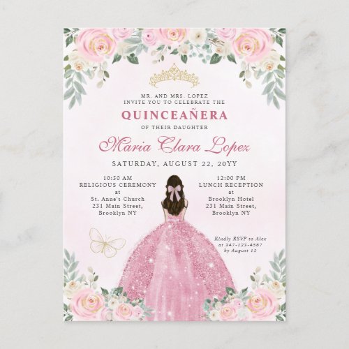 Blush Pink Gold Floral Princess Tiara Quinceaera  Invitation Postcard