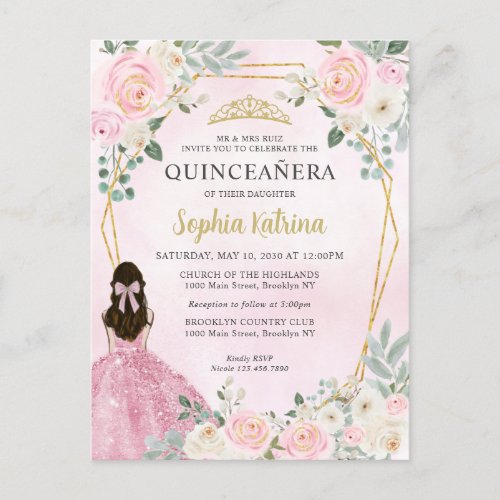 Blush Pink Gold Floral Princess Tiara Quinceaera  Postcard