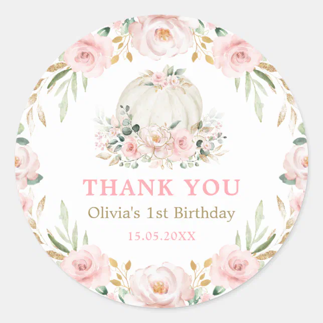 Blush Pink Gold Floral Pumpkin Baby Girl Birthday Classic Round Sticker ...