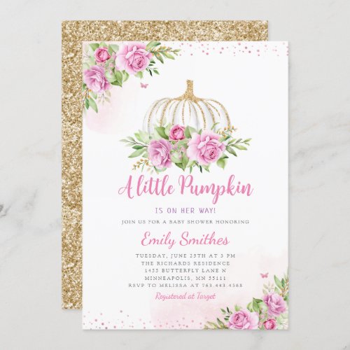 Blush Pink Gold Floral Pumpkin Girl Baby Shower Invitation