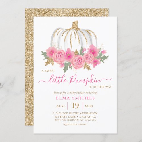 Blush Pink Gold Floral Pumpkin Girl Baby Shower  Invitation