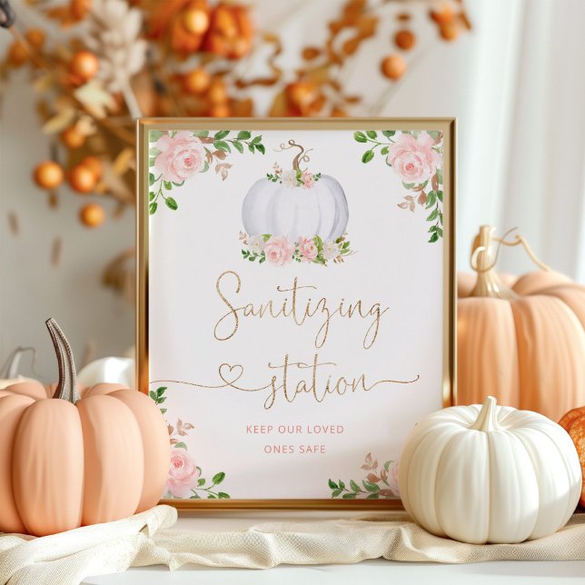Blush pink gold floral pumpkin Sanitizing station Poster (Creator Uploaded)