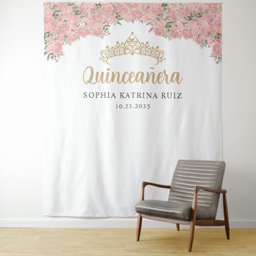 Blush Pink Gold Floral Quinceanera Photo Backdrop
