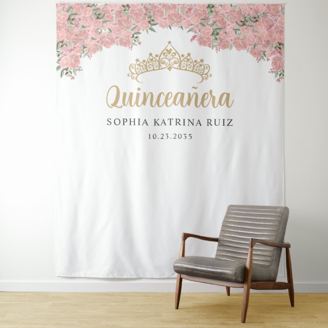 Blush Pink Gold Floral Quinceanera Photo Backdrop (In Situ)