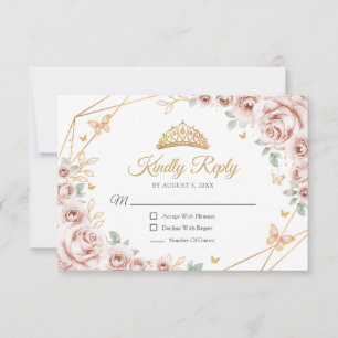 Blush Pink Gold Floral Quinceanera Reply RSVP Card