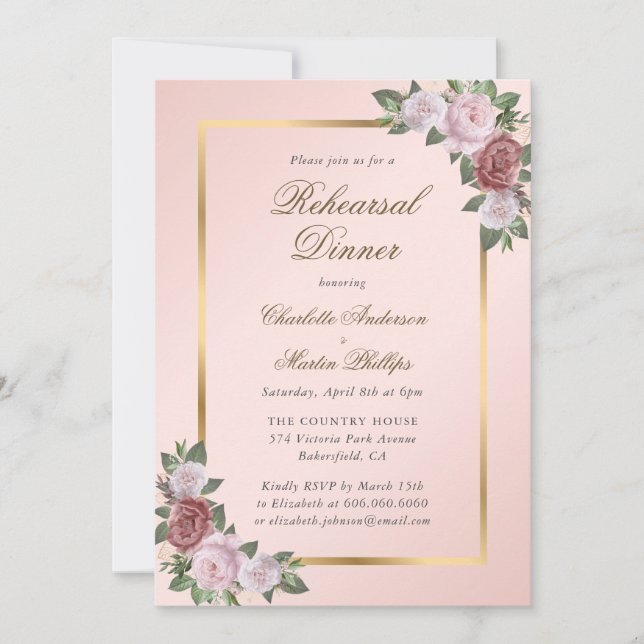 Blush Pink Gold Floral Rehearsal Dinner Invitation (Front)