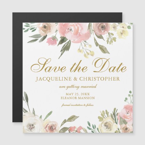 Blush Pink Gold Floral Save the Date Magnetic Card