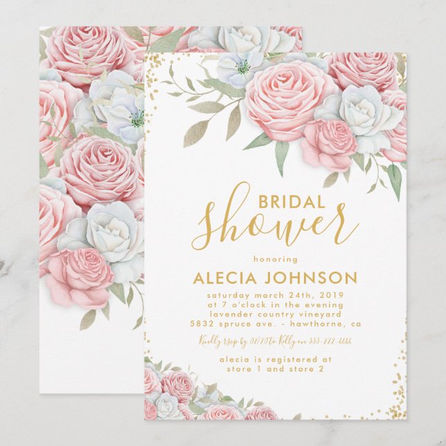 Blush Pink Gold Floral Sparkle Bridal Shower Invitation (Front/Back)