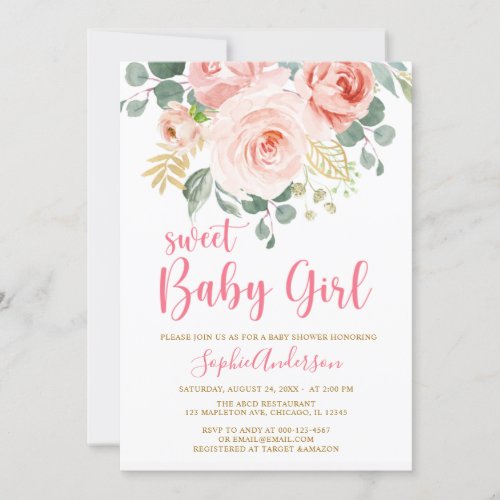 Blush Pink Gold Floral Sweet Baby Girl Baby Shower Invitation