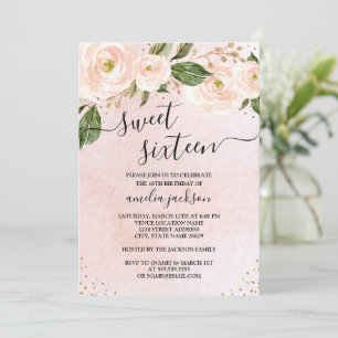 Blush Pink Gold Floral Sweet Sixteen Invitation
