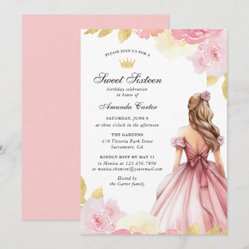 Blush Pink Gold Floral Sweet Sixteen Invitation