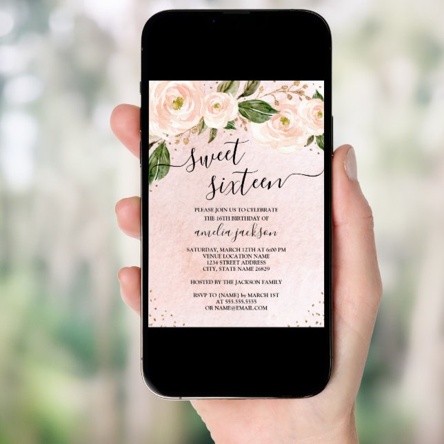 Blush Pink Gold Floral Sweet Sixteen  Invitation (Front Digital)