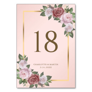 Blush Pink Gold Floral Table Number Card