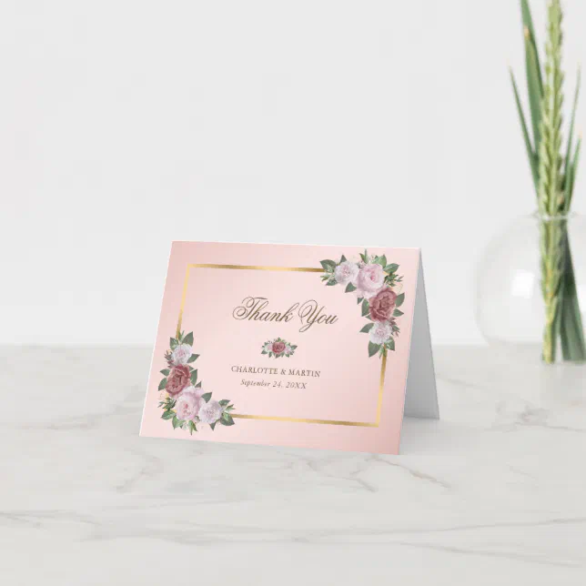 Blush Pink Gold Floral Thank You Card | Zazzle