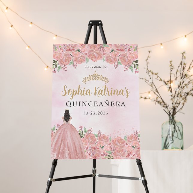 Blush Pink Gold Floral Tiara Quinceanera Welcome Foam Board (In Situ (Stand))