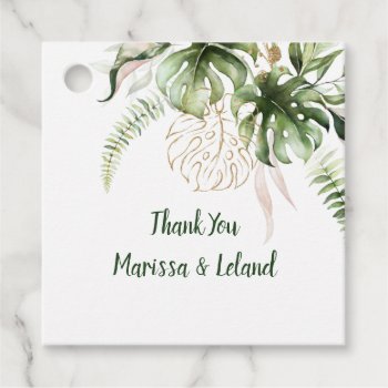 Blush Pink Gold Floral Tropical Monstera Wedding Favor Tags by dmboyce at Zazzle