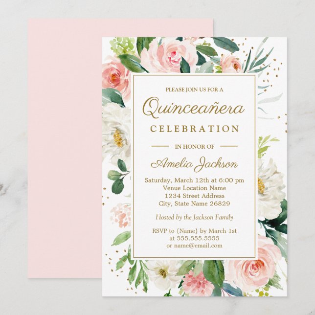 Blush Pink Gold Floral Watercolor Quinceanera Invitation (Front/Back)