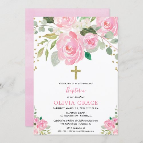 Blush pink gold floral watercolors baptism girl invitation