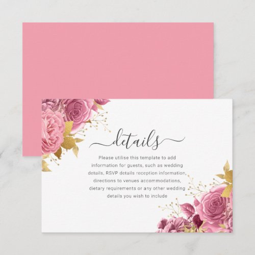 Blush Pink & Gold Floral Wedding Details Enclosure Card