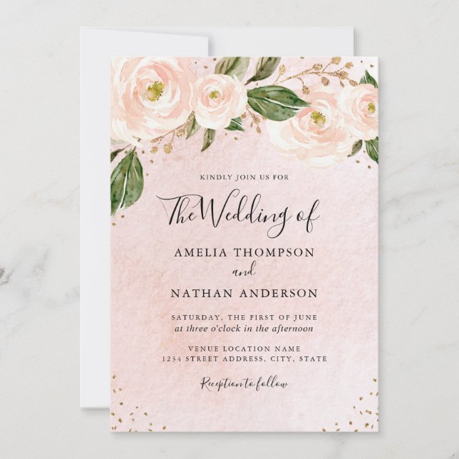 Blush Pink Gold Floral Wedding  Invitation (Front)