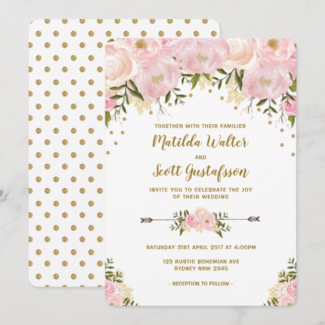 Blush Pink & Gold Floral Wedding Invitation (Front/Back)