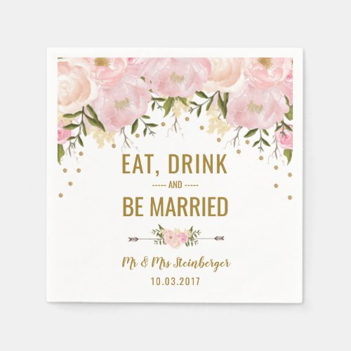 Blush Pink Gold Floral Wedding Paper Napkins