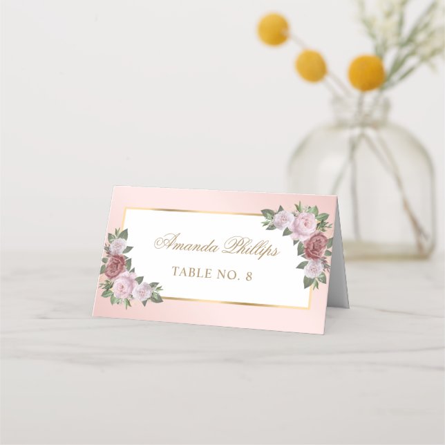 Blush Pink Gold Floral Wedding Place Card (Front)