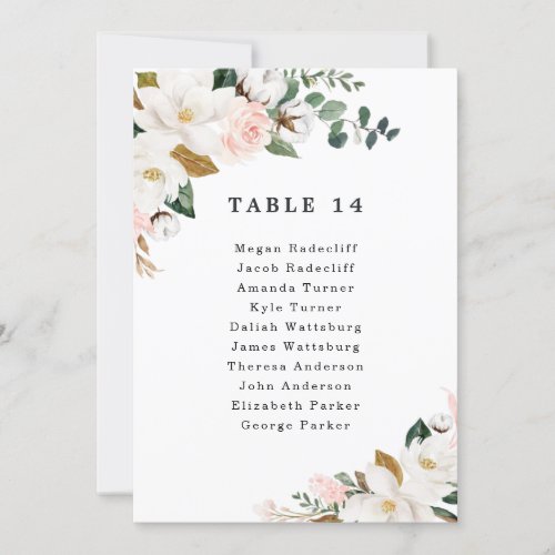 Blush Pink Gold Floral Wedding Seating Chart Cards - You will need to create a new card for each table then add to your cart -- repeat.  Hang these cards with wire, twine, etc. Designs features elegant magnolia, peony rose, eucalyptus, greenery and other watercolor elements in white, blush pink or pink peach and more.  The greenery features shades of dark and light green colors with some elements featuring gold, antique gold and copper.