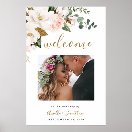 Blush Pink Gold Floral Wedding Welcome Photo Sign