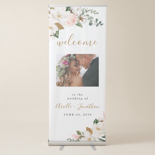 Blush Pink Gold Floral Wedding Welcome Photo Sign
