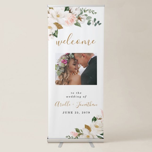Blush Pink Gold Floral Wedding Welcome Photo Sign (Front)