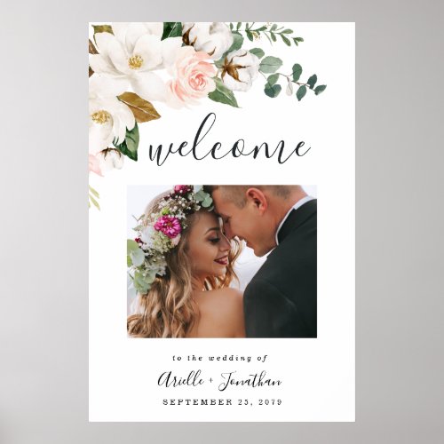 Blush Pink Gold Floral Wedding Welcome Photo Sign - Designs features elegant magnolia, peony rose, eucalyptus, greenery and other watercolor elements in white, blush pink or pink peach and more. The greenery features shades of dark and light green colors with some elements featuring gold, antique gold and copper.