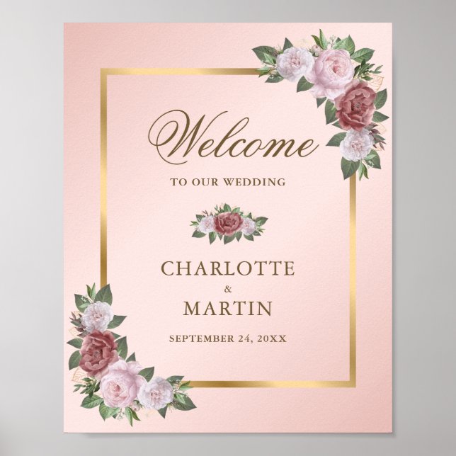 Blush Pink Gold Floral Wedding Welcome Sign (Front)
