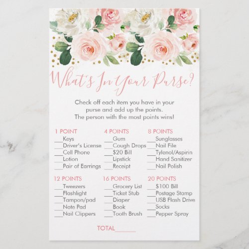 Blush Pink Gold Floral Whats In Your Purse Game