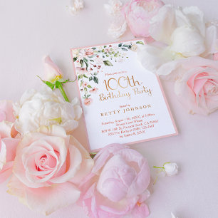 Blush Pink Gold Floral Woman's 100th Birthday Invitation