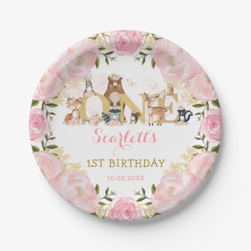 Blush Pink Gold Floral Woodland 1st Birthday Party Paper Plates