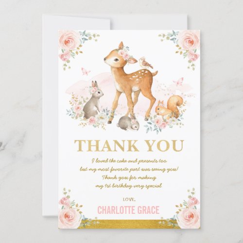 Blush Pink Gold Floral Woodland Birthday Thank You Card